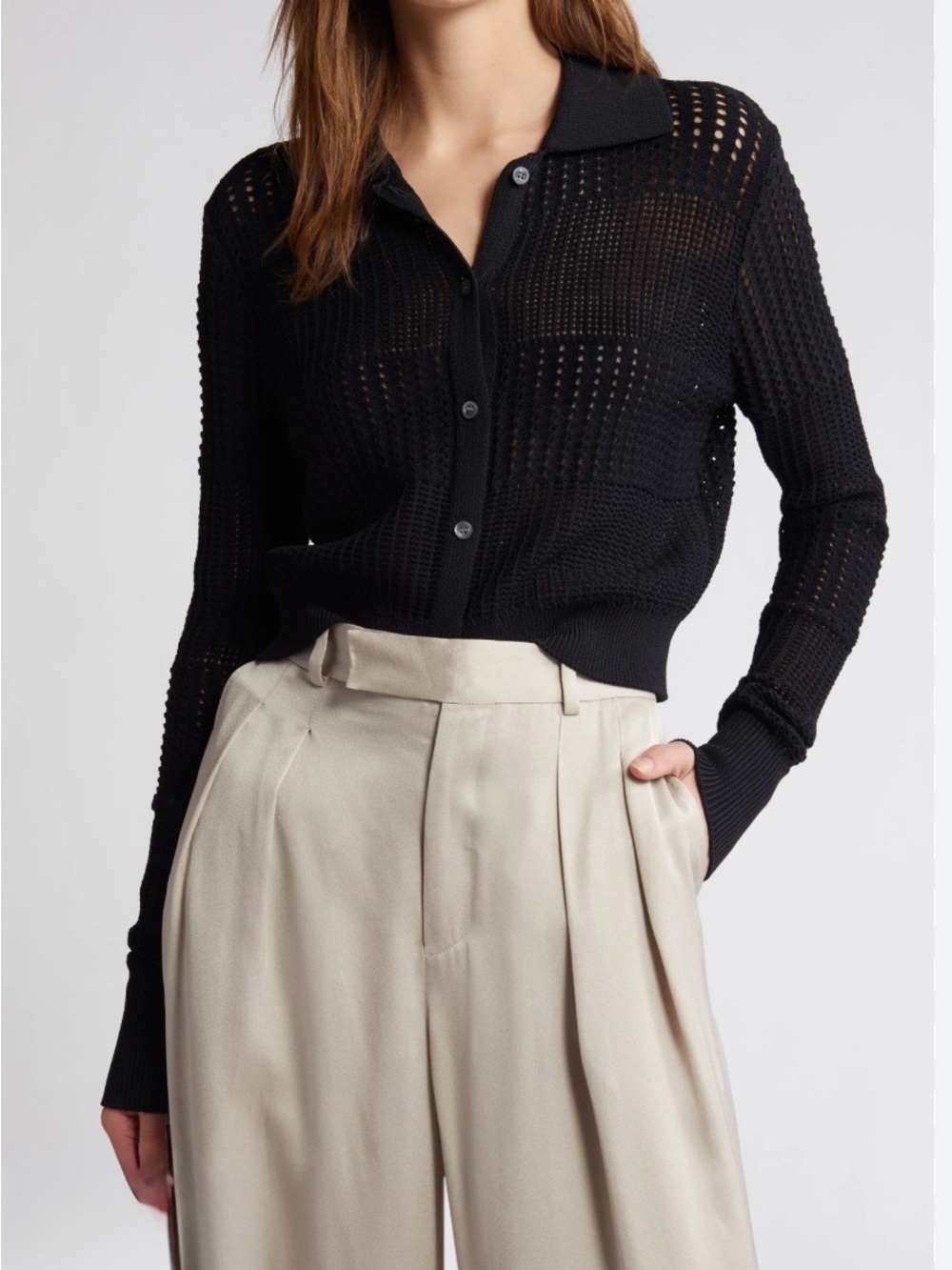 Frame The Shrunken Crochet Open-Knit Button-Up Cardigan Sweater size M